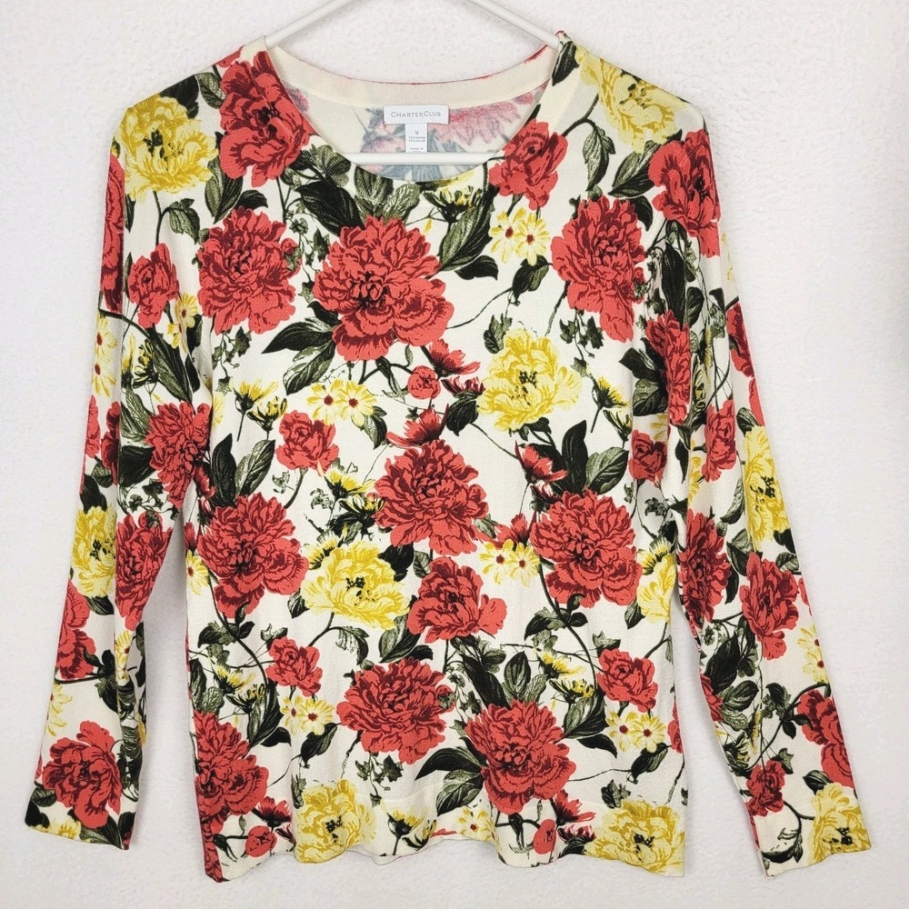 Charter Club Floral Long‎ Sleeve Knit Top Womens M White Cottagecore Romantic